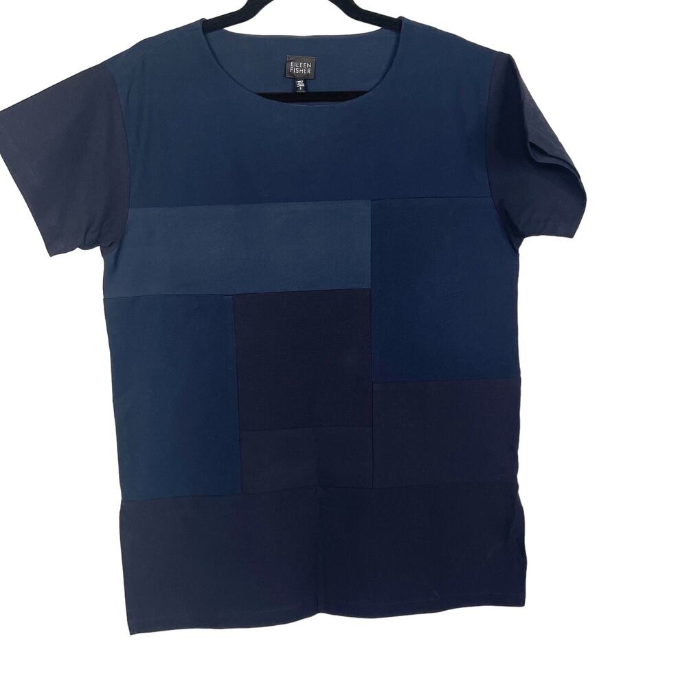 Eileen Fisher Small S Navy Blue Patchwork Short Sleeve Blouse Top Crew Neck Boxy